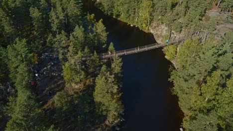 Schwimmende-Brücke-An-Seilen-über-Einem-See-Oder-Bach-In-Einem-Wald,-Sommer,-Aufschlussreiche-Luftaufnahme