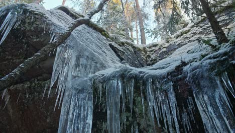 Huge-frozen-icicle-over-a-rocky-mountain-in-winter-forest