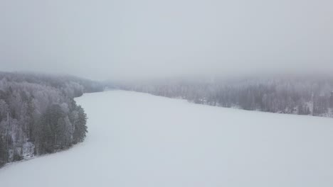 Antenne-Eines-Zugefrorenen-Wintersees-In-Finnland-Mit-Nebel-Und-Bäumen
