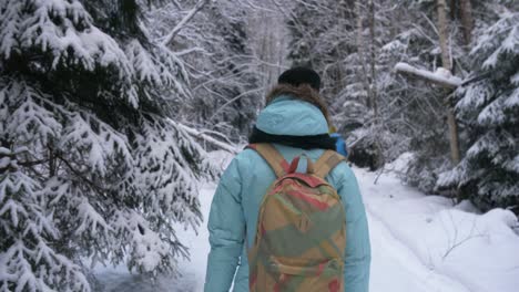 Mujer-Caminando-En-Un-Bosque-De-Invierno-Con-Una-Mochila-Turística-Y-Gente-De-Fondo-En-Finlandia