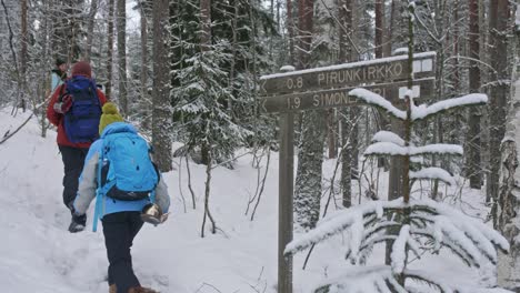 Pirunkirkko-Y-Simonlampi-Firman-En-El-Bosque-De-Invierno-En-Finlandia,-Gente-Caminando