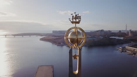 Symbol-of-sailing-boat-on-top-of-a-port-aerial-view-on-a-city-panorama,-Saint-Petersburg-Russia