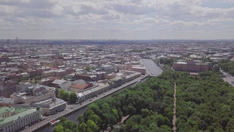 Saint-Petersburg,-an-aerial-drone-footage-of-historic-Summer-Garden-park,-Castle,-center-of-Saint-Petersburg,-overview-shot-on-the-city-in-summer
