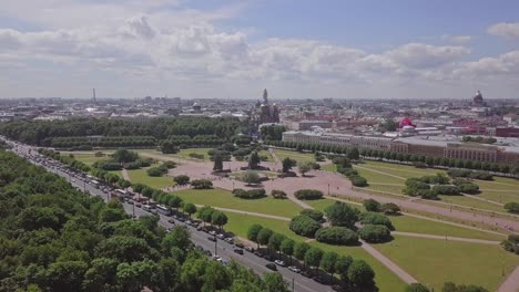 Saint-Petersburg,-an-aerial-drone-footage-of-historic-Field-of-Mars,-World-War-II-monument,-Church-of-Savior-on-Blood,-Castle,-center-of-Saint-Petersburg,-overview-shot-on-the-city-in-summer