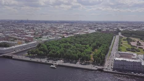 Saint-Petersburg,-an-aerial-drone-footage-of-central-park-Summer-Garden,-boats-in-a-river,-channel,-Church-of-Savior-on-Blood,-Castle,-center-of-Saint-Petersburg
