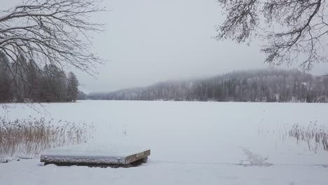 Slow-slide-over-a-snowy-lake-beach-in-winter-with-misty-background