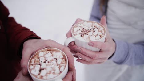 Zwei-Tassen-Kakao-Beim-Aufwärmen-Der-Hände-Von-Menschen-Mit-Marshmallow-Im-Winter-Mit-Schnee-Im-Hintergrund