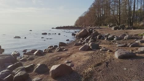 Rocky-beach-shore-with-many-boulders-and-blue-sea-nordic-nature