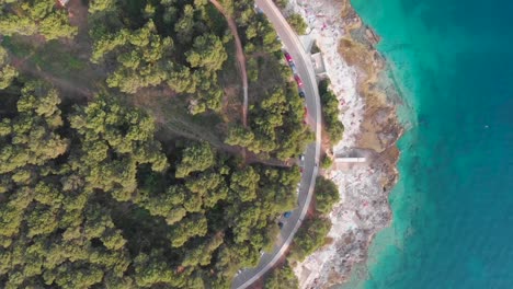 Top-down-view-of-a-green-peninsula-with-cars-parking-on-the-curvy-road