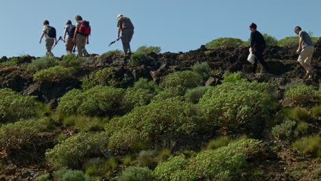 Tourists-walking-on-a-path-with-many-bushes-on-Tenerife,-rocky-beach-environment
