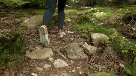 Mujer-En-Forma-Con-Muslos-Negros-Usando-Zapatillas-Ligeras-Caminando-Por-Un-Camino-De-Tierra-Rocosa-A-Través-De-Los-árboles-Del-Bosque-En-Una-Montaña