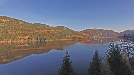 Drohnenaufnahmen-Aus-Der-Luft-Eines-Sees-In-Montana-Im-Herbst-Oder-Herbst,-Die-Kiefern-Hochschwenken