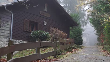 Large-wooden-german-cabin-in-the-forest,-fog-cold-weather,-slow-camera-movement-horizontally