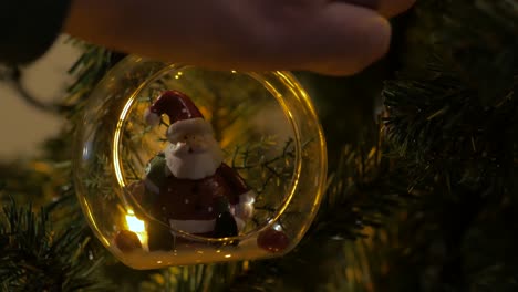 person-hanging-a-clear-in-christmas-ornament-with-Santa-in-a-Pine-Tree,-Close-Up