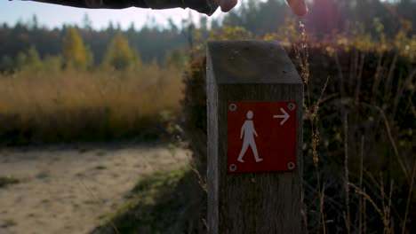 Close-Up:-Man-Pointing-at-a-pedestrian-walking-route-sign-in-a-forest