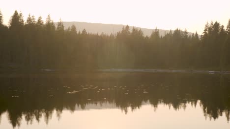 Wide-shot-panning-across-a-lake-at-sunset