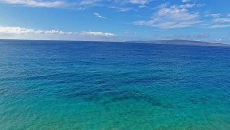 Panning-aerial-shot-of-a-Snorkler-in-Maui-Hawaii-in-beautiful-blue-water-with-sandy-beach-and-land-in-background