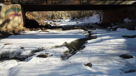 Babbling-creek-in-snowpack-under-bridge