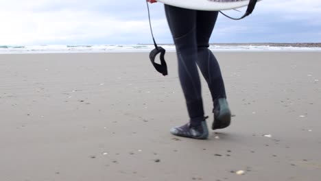 Feet-of-man-walking-to-the-ocean-with-a-surfboard-and-wetsuit-on-ready-to-surf