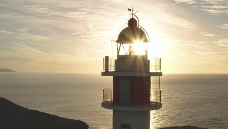 Close-drone-shot-of-a-lighthouse-with-sun-and-ocean-in-the-background-at-golden-hour