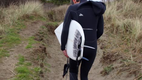 Man-walking-to-the-ocean-with-a-surfboard-and-wetsuit-on-ready-to-surf