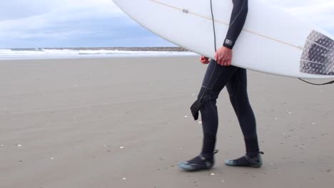 Side-shot-of-man-walking-to-the-ocean-with-a-surfboard-and-wetsuit-on-ready-to-surf