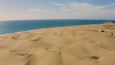 Drohnenaufnahme-Von-Dünen-Und-Wüste-Mit-Strand-Und-Meer,-Dunas-De-Maspalomas,-Gran-Canaria