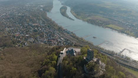 Drone---Aerial-shot-of-the-Drachenfels-with-the-river-rhine-Siebengebirge-near-Bonn---Königswinter