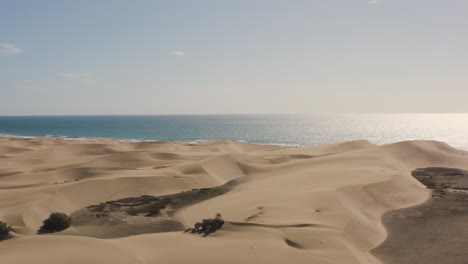 Drohnenaufnahme-Von-Dünen-Und-Wüste-Mit-Strand-Und-Meer,-Dunas-De-Maspalomas,-Gran-Canaria