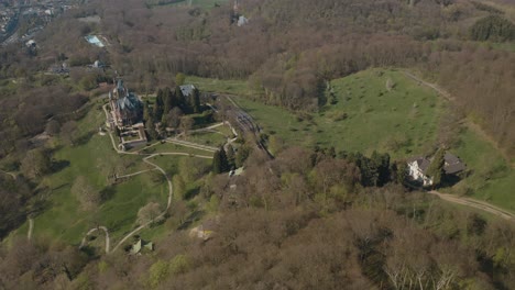 Drone---Aerial-shot-of-the-Drachenfels-with-castle-Drachenburg-and-the-river-rhine-Siebengebirge-near-Bonn---Königswinter