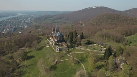 Drone---Aerial-shot-of-the-castle-Drachenburg-and-the-river-rhine-Siebengebirge-near-Bonn---Königswinter-25p