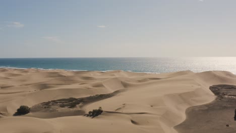 Drone-shot-of-dunes-and-desert-with-beach-and-sea,-dunas-de-maspalomas,-gran-canaria