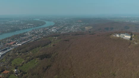 Drone-shot-of-Petersberg-near-Bonn---Königswinter-with-the-river-rhine-4K-25-fps