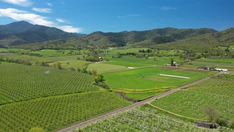 Aerial-view-of-valley-filled-with-fruit-orchards,-Southern-Oregon