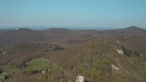 Drone---Aerial-shot-of-the-Drachenfels-with-castle-Drachenburg-Siebengebirge-near-Bonn---Königswinter