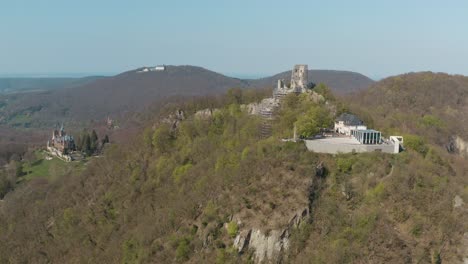 Drone-shot-of-the-Drachenfels-with-castle-Drachenburg-Siebengebirge-near-Bonn---Königswinter