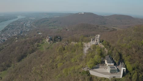 Drone---Aerial-shot-of-the-Drachenfels-with-castle-Drachenburg-and-the-river-rhine-Siebengebirge-near-Bonn---Königswinter