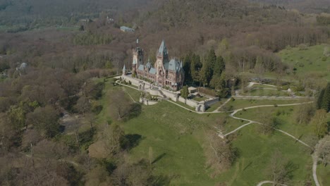 Drone---Aerial-shot-of-the-castle-Drachenburg-Siebengebirge-near-Bonn---Königswinter-30p
