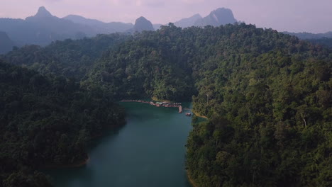 Drone-shot-of-floating-raft-houses-in-Khlong-Phanom-national-park-in-Thailand