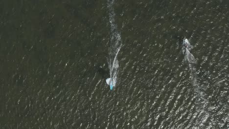 Drone---Aerial-top-shot-of-surfer-on-a-blue,-wavy-and-windy-sea-on-a-sunny-day,-30p