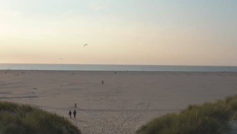 Cinematic-drone---aerial-shot-of-the-green-and-sandy-nature-beach-with-tourists-and-people-with-Buggykiting-at-Zeeland-at-the-north-sea,-Netherlands,-30p