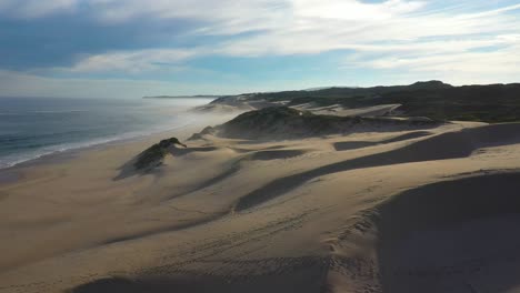 Drone-view-flying-over-sand-dunes-next-to-the-ocean-in-South-Africa