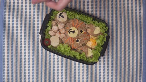 Cute-bunny-shape-brown-rice-bento-lunch-box,-healthy-meal-preparation