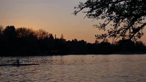 Silhouette-of-woman-paddling-canoe-in-glistening-dam-at-sunset,-golden-hour