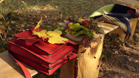 Red-satchel-bag-on-garden-bench-during-autumn-Thanksgiving