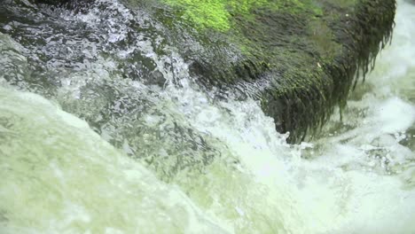 Frisch-Fließendes-Wasser-Bach-Wasserfall-Mit-Wassertropfen-In-Der-Natur-Mit-Einem-Stein-Mit-Moos-Im-Hintergrund-Zeitlupe-Nahaufnahme