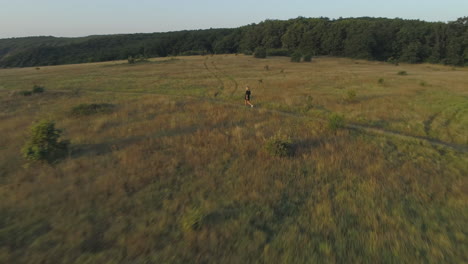 Drone-shot-of-girl-walking-with-a-shovel-on-her-shoulders-in-a-meadow