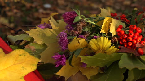 Herbstblumen-Mit-Roten-Beeren,-Die-Auf-Einer-Bank-Ruhen