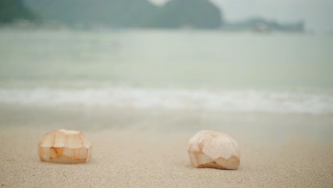 A-pair-of-peeled-coconut-fruits-on-the-white-sand-beach-of-El-Nido,-Philippines-with-the-waves-rolling-and-mountains-in-the-background---Close-up