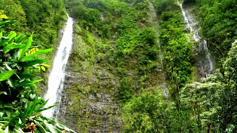 Mountain-cliff-full-with-waterfalls-close-to-Hana-rainforest